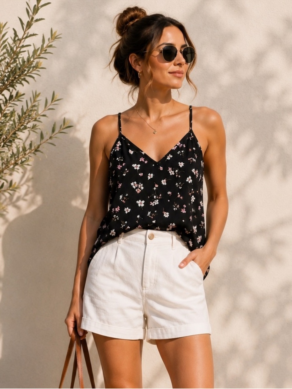Black floral sleeveless blouse top adjustable spaghetti straps vneck cami